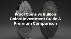 thumbnail showing two round coins side-by-side on a dark background. The title text on the image reads "Proof Coins vs Bullion Coins: Investment Guide & Premium Comparison".