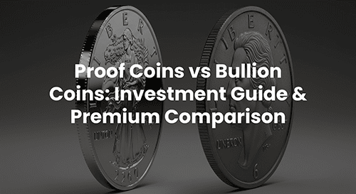 thumbnail showing two round coins side-by-side on a dark background. The title text on the image reads "Proof Coins vs Bullion Coins: Investment Guide & Premium Comparison".