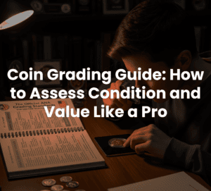 A YouTube-style thumbnail image for a video titled "Coin Grading Guide: How to Assess Condition and Value Like a Pro," featuring a person's hands holding and examining a coin.