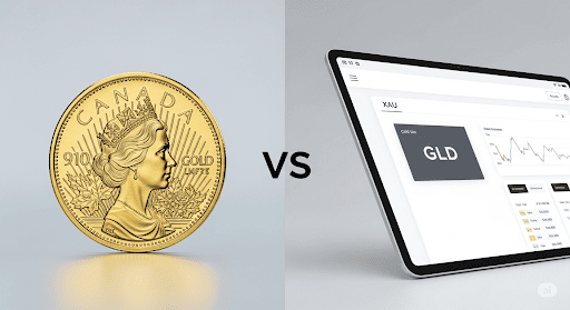 A side-by-side comparison image of physical gold and "paper gold." On the left, a gold coin is shown. On the right, a laptop screen displays a chart, representing digital or paper assets. A "VS" is in the middle.