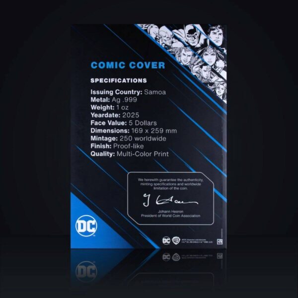 The back of a boxed silver foil coin from the Samoa Iconic Covers series, detailing the product specifications and featuring the DC logo and a Batman signature.