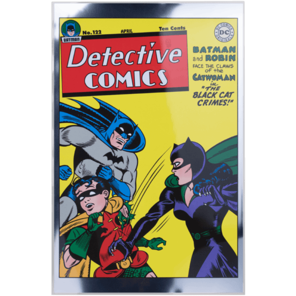 A colorized silver foil coin featuring the cover of Detective Comics #122, depicting Batman and Robin standing behind Catwoman.