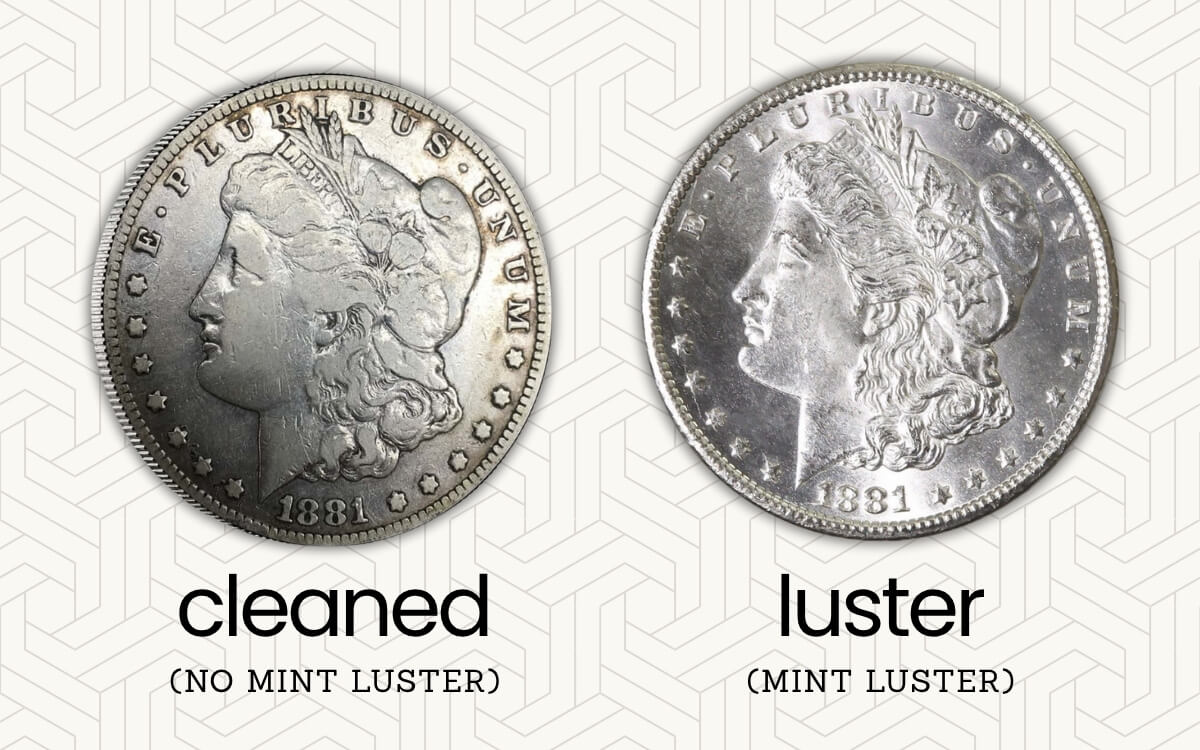 Two 1881 Morgan Silver Dollars side by side - left shows cleaned coin without luster, right shows coin with original mint luster