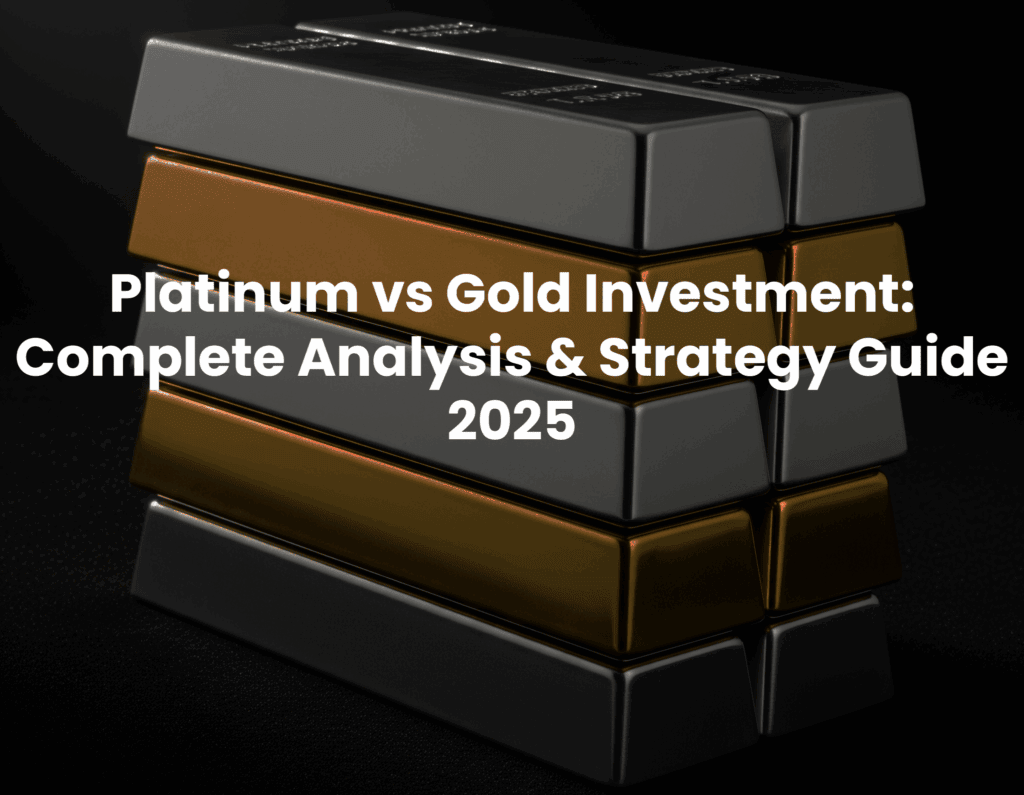 A book cover titled "Platinum vs Gold Investment: Complete Analysis & Strategy Guide 2025," featuring two bullion bars, one gold and one platinum.