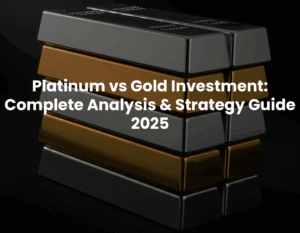 A book cover titled "Platinum vs Gold Investment: Complete Analysis & Strategy Guide 2025," featuring two bullion bars, one gold and one platinum.