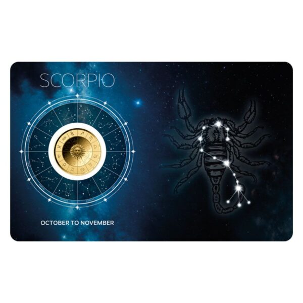 Front card view of 2024 Chad Scorpio zodiac gold coin featuring zodiac wheel, Scorpio symbol, stylized scorpion, and celestial background.