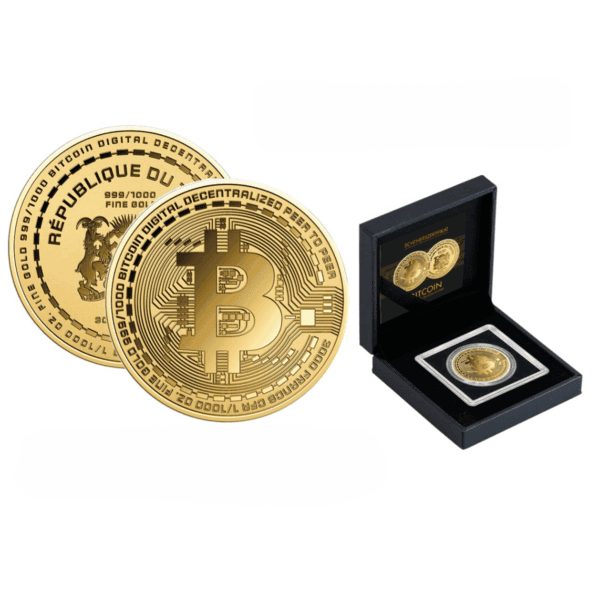 Full product display of 2023 Chad Bitcoin gold coin featuring ₿ symbol, circuit-style design, and presentation box with encapsulated coin.