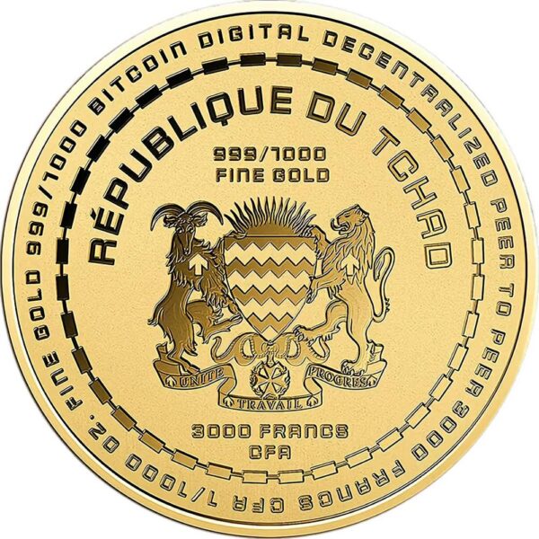 Reverse of 2023 Chad Bitcoin gold coin featuring national coat of arms, 5000 Francs CFA denomination, and inscriptions including “BITCOIN DIGITAL DECENTRALIZED PEER TO PEER.
