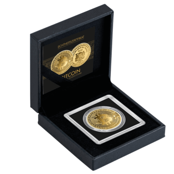 2023 Chad Bitcoin gold coin featuring ₿ symbol and circuit-style design, housed in black presentation box with clear display window.