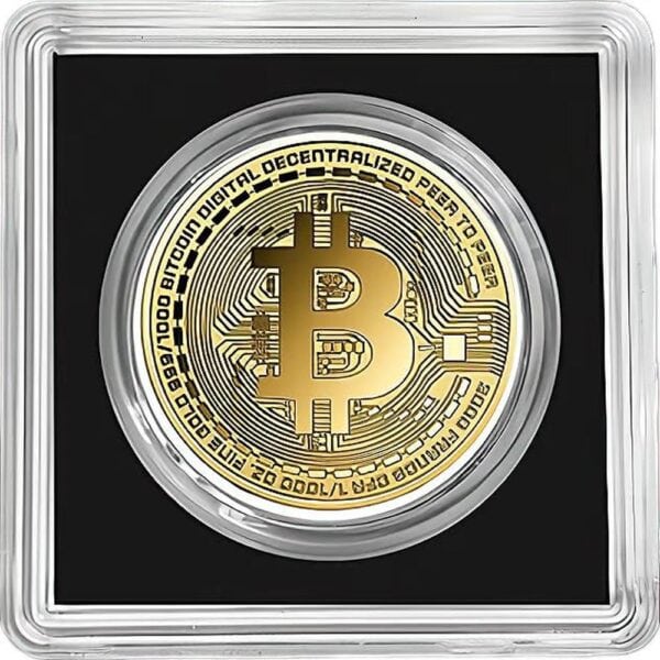2023 Chad Bitcoin gold coin featuring ₿ symbol, circuit-style design, and 1.1000 oz proof-like finish in clear capsule.