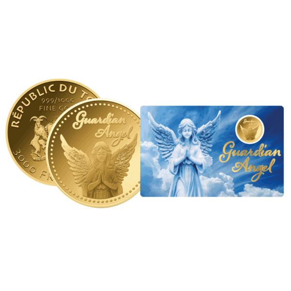 Promotional view of 2023 Chad Guardian Angel gold coin featuring two coins with angel design and celestial-themed GR Reserve assay card.