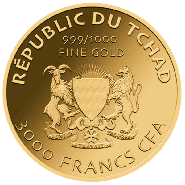 Reverse of 2023 Chad Guardian Angel gold coin featuring national coat of arms, 999/1000 fine gold marking, and 3000 Francs CFA denomination.