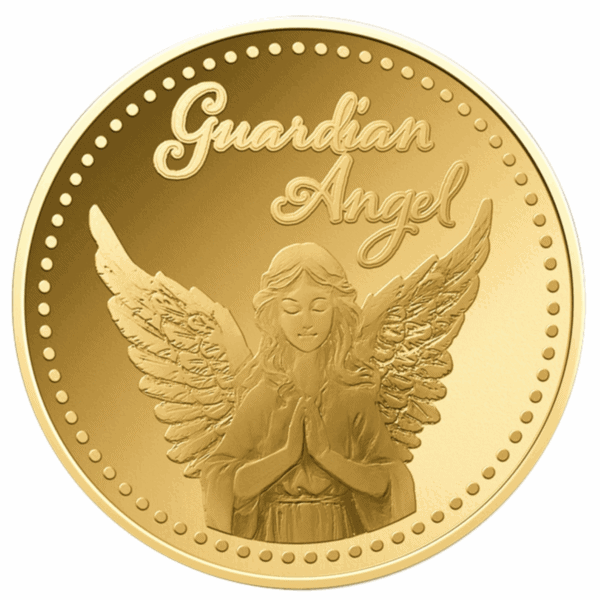 Obverse of 2023 Chad Guardian Angel gold coin featuring praying angel with wings, dotted border, and serene expression.