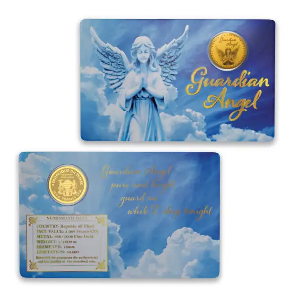 Front and back view of 2023 Chad Guardian Angel mini gold coin in celestial-themed assay card featuring angel illustration, inspirational message, and certification details.