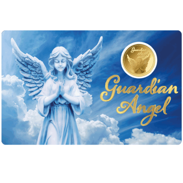 Front card view of 2023 Chad Guardian Angel gold coin featuring angel illustration, cloud-filled sky, and embedded coin with elegant script.