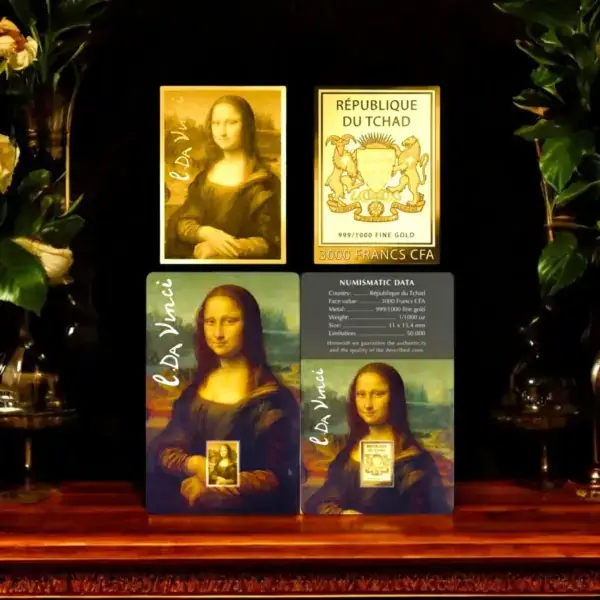 2023 Republic of Chad Mona Lisa 1/1000oz gold proof‑like coin in assay card with multiple views including coin, certificate, and packaging.