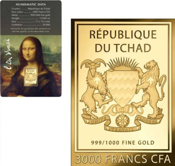 2023 Republic of Chad Mona Lisa 1/1000oz gold proof‑like coin with assay card and close‑up of coin featuring coat of arms and denomination.
