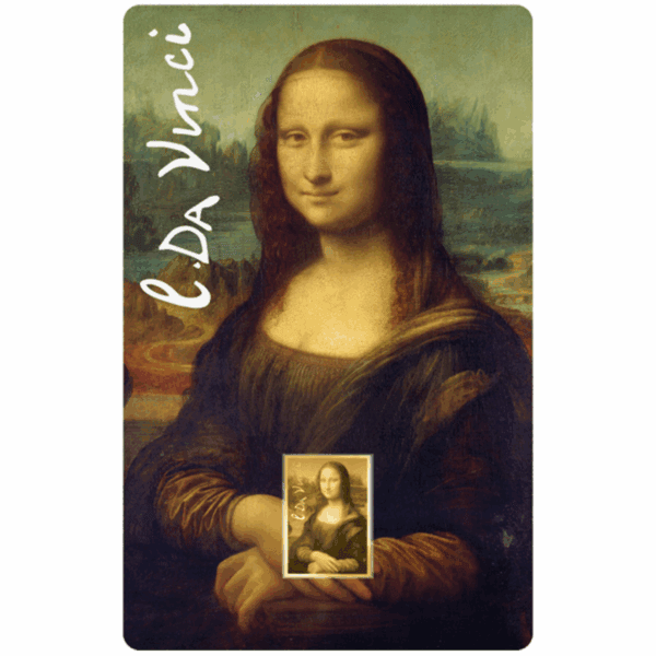 2023 Republic of Chad Mona Lisa 1/1000oz gold proof‑like coin front card with full‑color artwork and “da Vinci” branding.