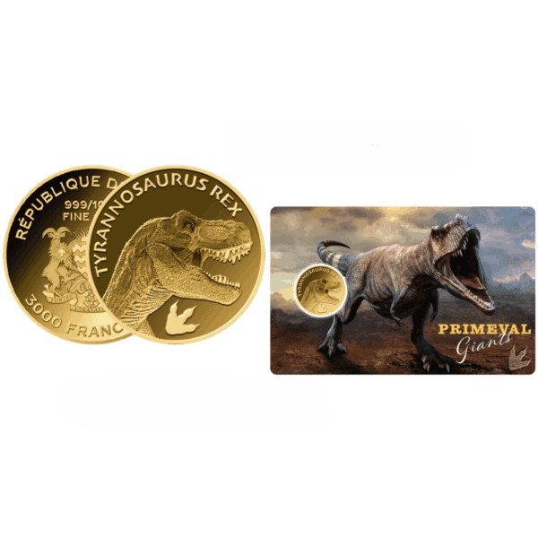 Full set view of 2023 Chad Tyrannosaurus Rex gold coin and assay card featuring embossed dinosaur design and prehistoric illustration.