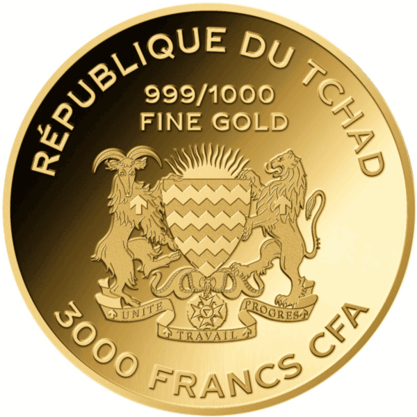Reverse of 2023 Chad Tyrannosaurus Rex gold coin featuring national coat of arms, 999/1000 fine gold marking, and 3000 Francs CFA denomination.