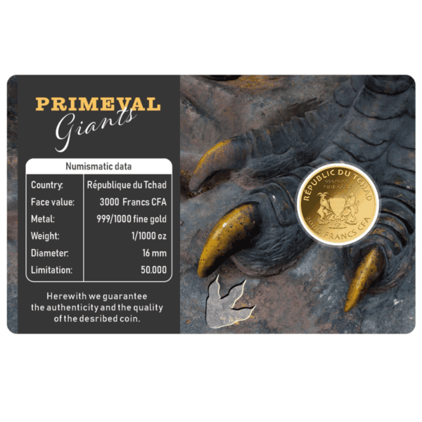 Specification card for 2023 Chad Tyrannosaurus Rex gold coin featuring embedded coin in dinosaur footprint design with claws and cosmic background.