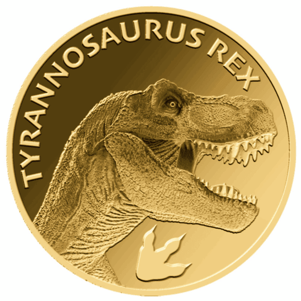 Obverse of 2023 Chad Tyrannosaurus Rex gold coin featuring detailed dinosaur engraving, open jaws, and footprint silhouette.
