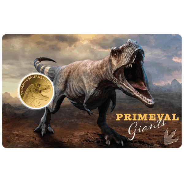 Front card view of 2023 Chad Tyrannosaurus Rex gold coin featuring dramatic dinosaur illustration, mountainous landscape, and Primeval Giants branding.