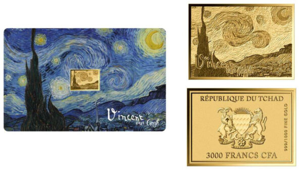 Multi‑view display of 2023 Republic of Chad Starry Night 1oz gold proof‑like coin with Van Gogh artwork, assay card front and back, and coin close‑up.