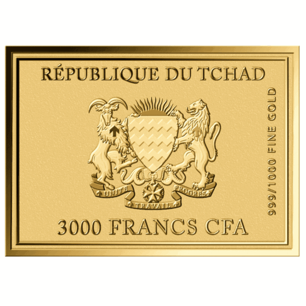 Reverse of 2023 Republic of Chad Starry Night 1/1000oz gold proof‑like coin with coat of arms, denomination, and gold purity.