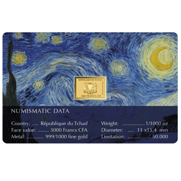 Reverse of 2023 Republic of Chad Starry Night 1.1000oz gold proof‑like coin assay card with Van Gogh artwork and full numismatic specifications.