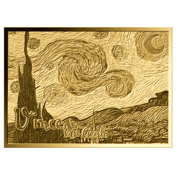 2023 Republic of Chad Starry Night 1/1000oz gold proof‑like coin featuring engraved Van Gogh artwork and “Vincent” signature.
