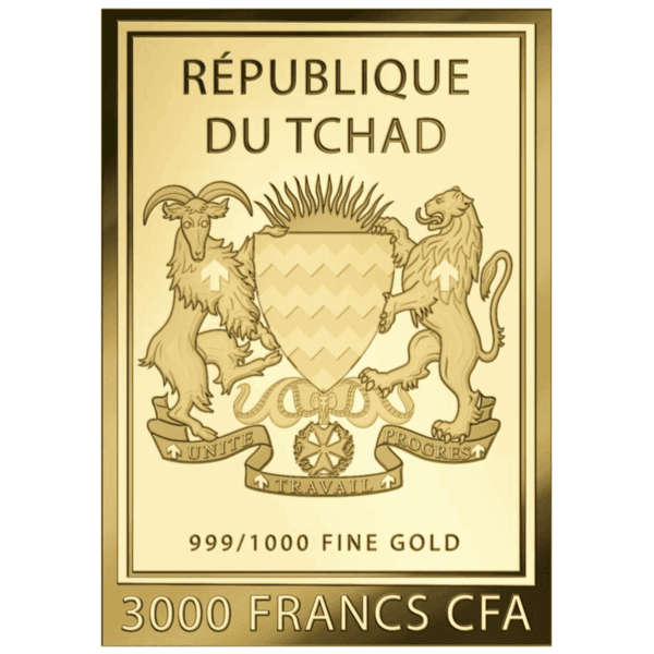 Reverse of 2023 Republic of Chad Sunflowers 1/1000oz gold proof‑like coin with coat of arms, denomination, and gold purity.