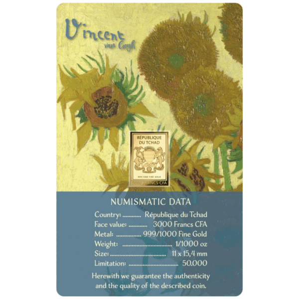 Reverse of 2023 Republic of Chad Sunflowers 1oz gold proof‑like coin assay card with Van Gogh artwork and full numismatic specifications.
