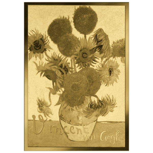 2023 Republic of Chad Sunflowers 1/1000oz gold proof‑like coin featuring Van Gogh’s iconic painting in gold‑toned detail.