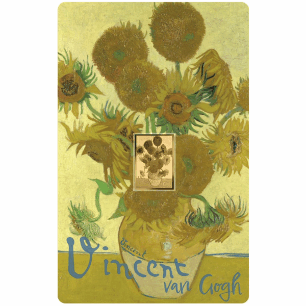 2023 Republic of Chad Vincent van Gogh Sunflowers 1/1000oz gold proof‑like coin front card with full‑color artwork and artist signature.