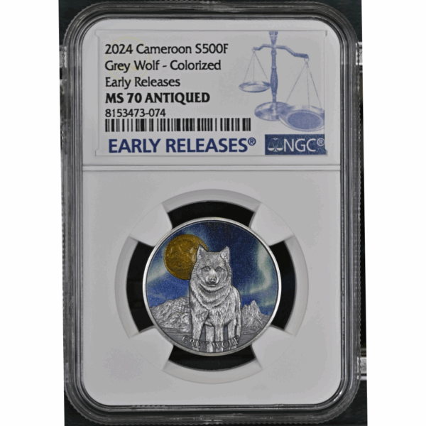 2024 Cameroon Northern Lights Wildlife Gray Wolf 1/2 oz Silver Coin NGC MS 70