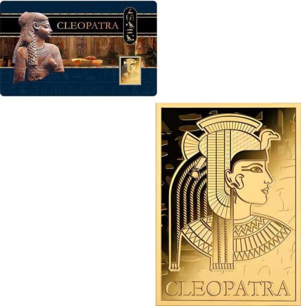 Full product view of 2024 Chad Cleopatra gold coin featuring profile of Egyptian queen, embedded coin, and display card with statue and themed artwork.