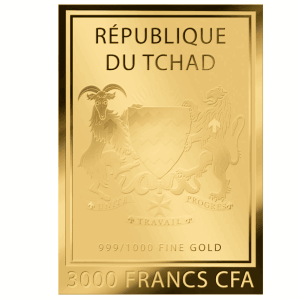 Reverse of 2024 Chad Cleopatra gold coin featuring national coat of arms, 999/1000 fine gold marking, and 3000 Francs CFA denomination.