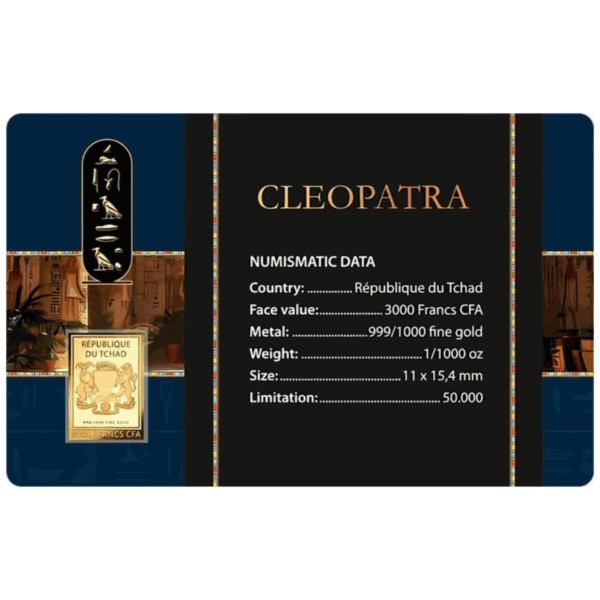 Back card view of 2024 Chad Cleopatra gold coin featuring Egyptian queen name, decorative border, and full numismatic specifications including weight, purity, and mintage.