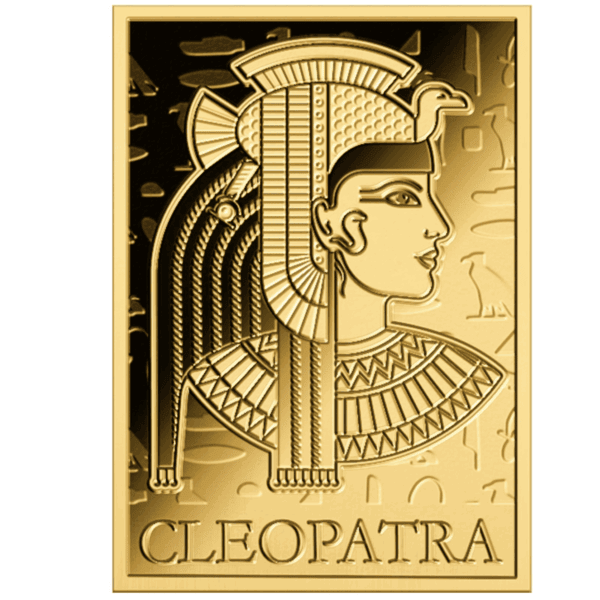 Obverse of 2024 Chad Cleopatra gold coin featuring profile of Egyptian queen with traditional headdress, hieroglyphic background, and rectangular proof-like design.
