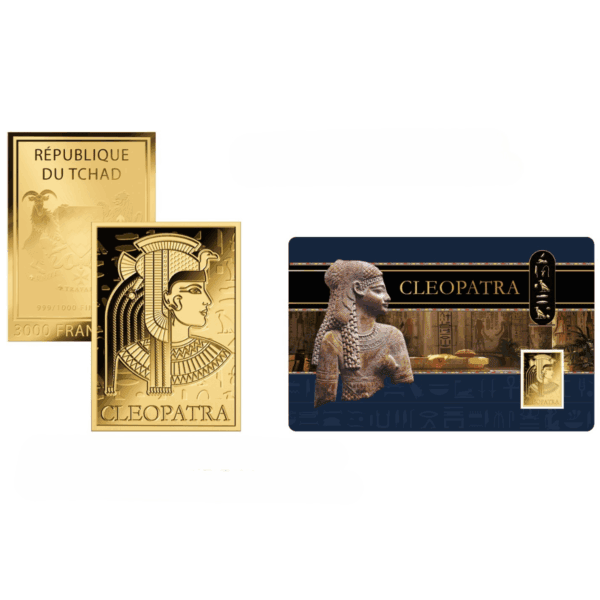 Promotional display of 2024 Chad Cleopatra gold coin showing front and back of assay card with stylized queen portrait, sphinx imagery, and Egyptian-themed design.