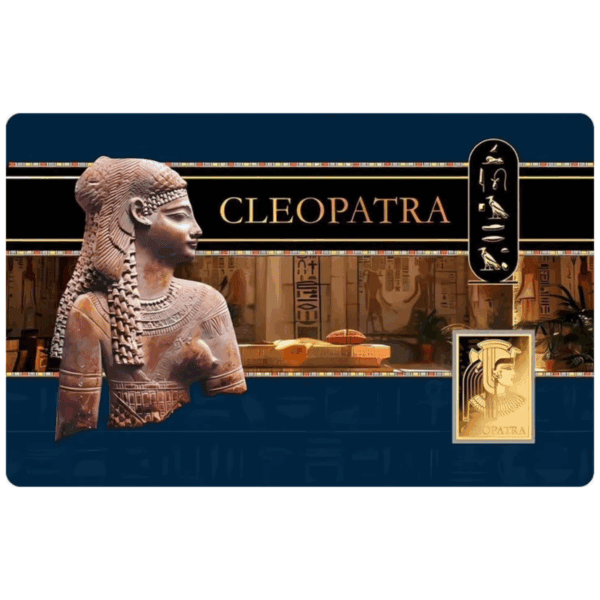 Front card view of 2024 Chad Cleopatra gold coin featuring statue-style portrait of Egyptian queen, hieroglyphic background, and embedded coin.
