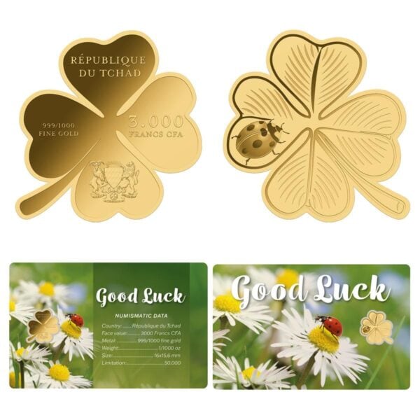 2024 Republic of Chad Good Luck 1/1000oz gold proof‑like coin shaped as a four‑leaf clover with ladybug, shown in floral assay card packaging.