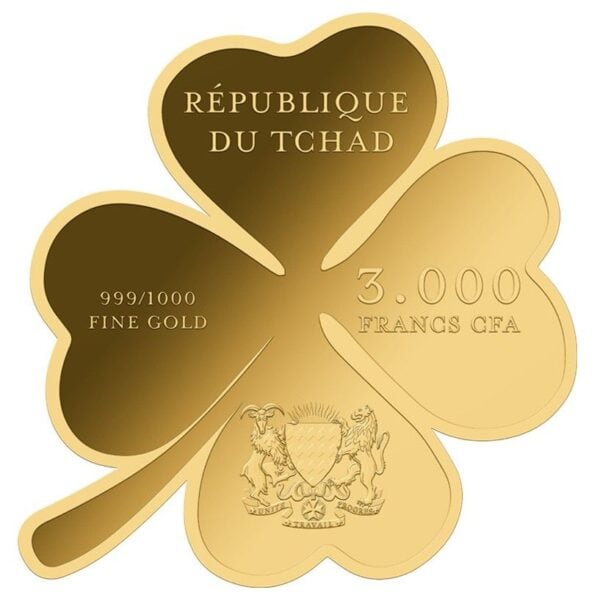 Reverse of 2024 Republic of Chad Good Luck 1/1000oz gold proof‑like coin shaped as a four‑leaf clover with denomination and coat of arms.