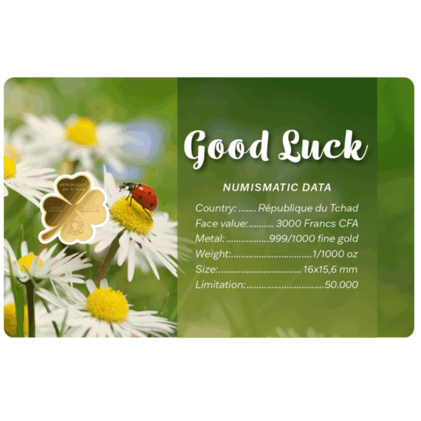 Reverse of 2024 Republic of Chad Good Luck 1oz gold proof‑like coin assay card with daisies, four‑leaf clover, and full numismatic specifications.