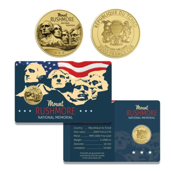 Full set view of 2024 Chad Mount Rushmore gold coin and assay card featuring engraved presidential portraits and American flag design.