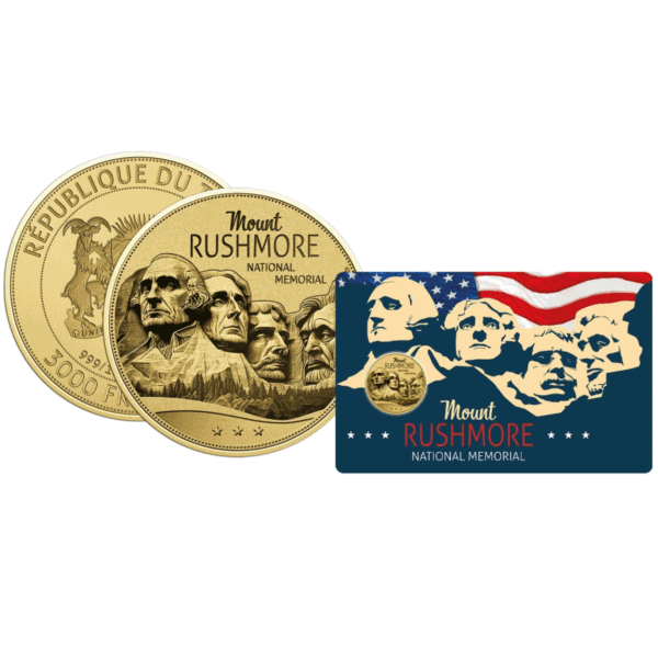 2024 Chad Mount Rushmore gold coin in red, white, and blue assay card featuring engraved presidential faces and American flag motif.