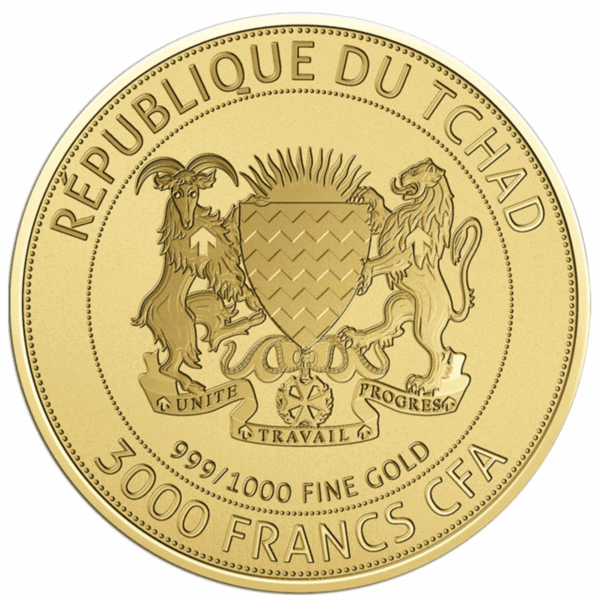 Reverse of 2024 Chad Mount Rushmore gold coin featuring heraldic lions, sunburst shield, and 3000 Francs CFA denomination.