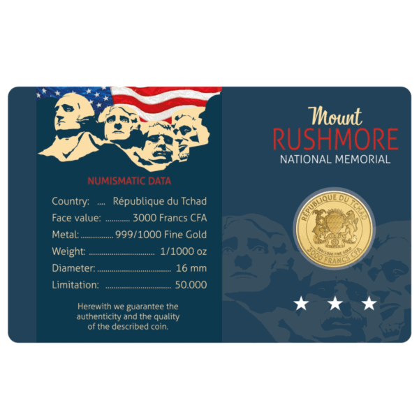Back of 2024 Chad Mount Rushmore gold coin assay card featuring coin specifications, presidential monument artwork, and American flag design.