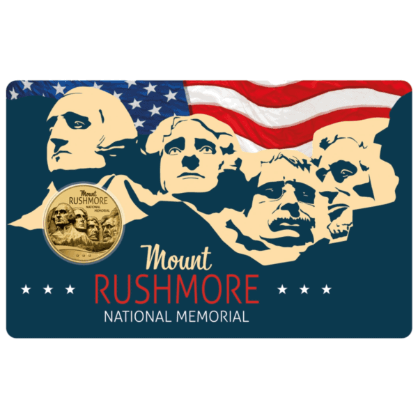 Front view of 2024 Chad Mount Rushmore gold coin in assay card featuring stylized presidential portraits and American flag design.